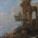 Arkadische Landschaft mit Architektur und dunklen Partien vor der Restaurierung