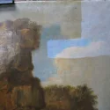 Detail einer Landschaftsmalerei während der Oberflächenprüfung