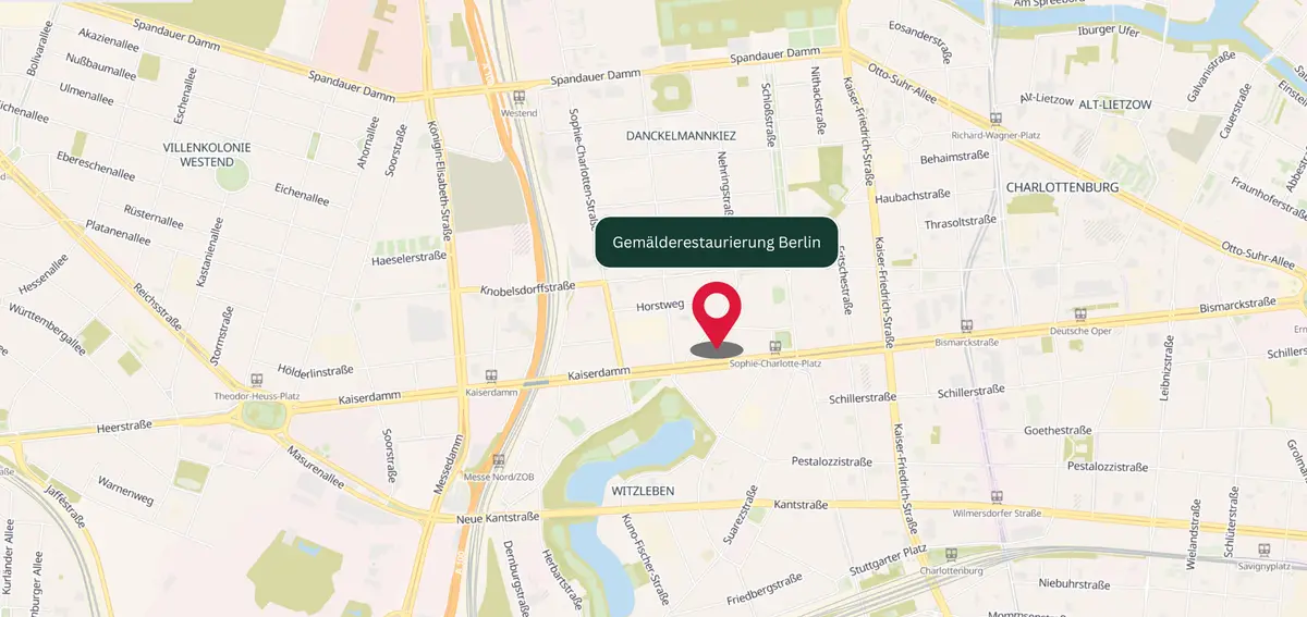 Lage der Gemälderestaurierung Berlin am Kaiserdamm nahe Sophie-Charlotte-Platz